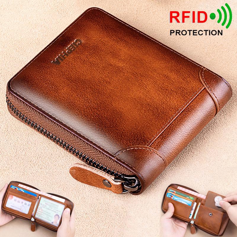 Leather Fashion Bags Echt lederen portemonnee voor heren RFID-blokkerende tweevoudige ritsportefeuilles Toplaag koeienhuid Multifunctionele ID Creditcardhouder Munttas