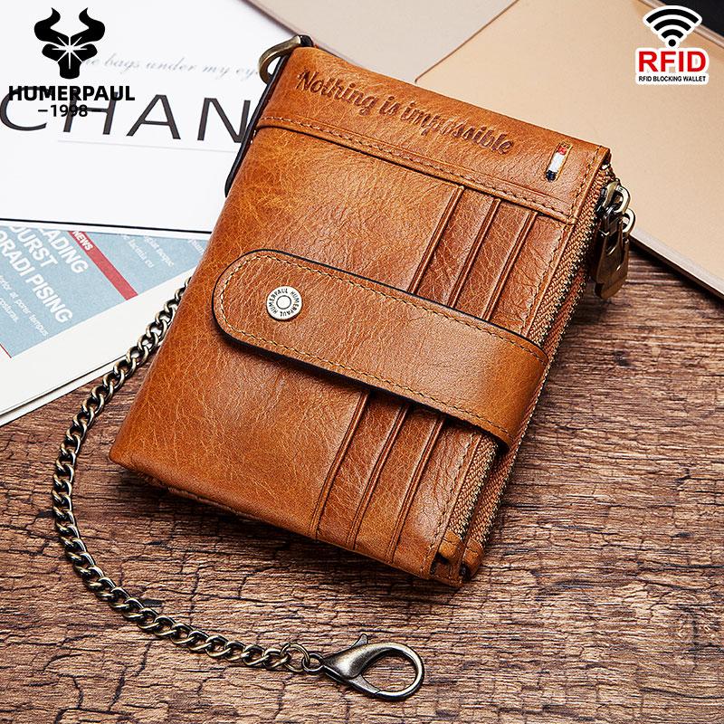 HUMERPAUL Echt leren herenportemonnees RFID Slim Bifold Hasp Korte herenportemonnee Muntentas Multifunctionele kaartenportemonnee Kettingtas Kwaliteit M koffie
