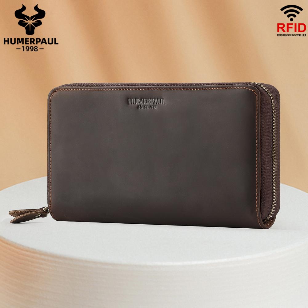 HUMERPAUL Echt lederen herenportemonnee Rfid clutch met grote capaciteit, tas voor mobiele telefoon, modekaarttas koffie