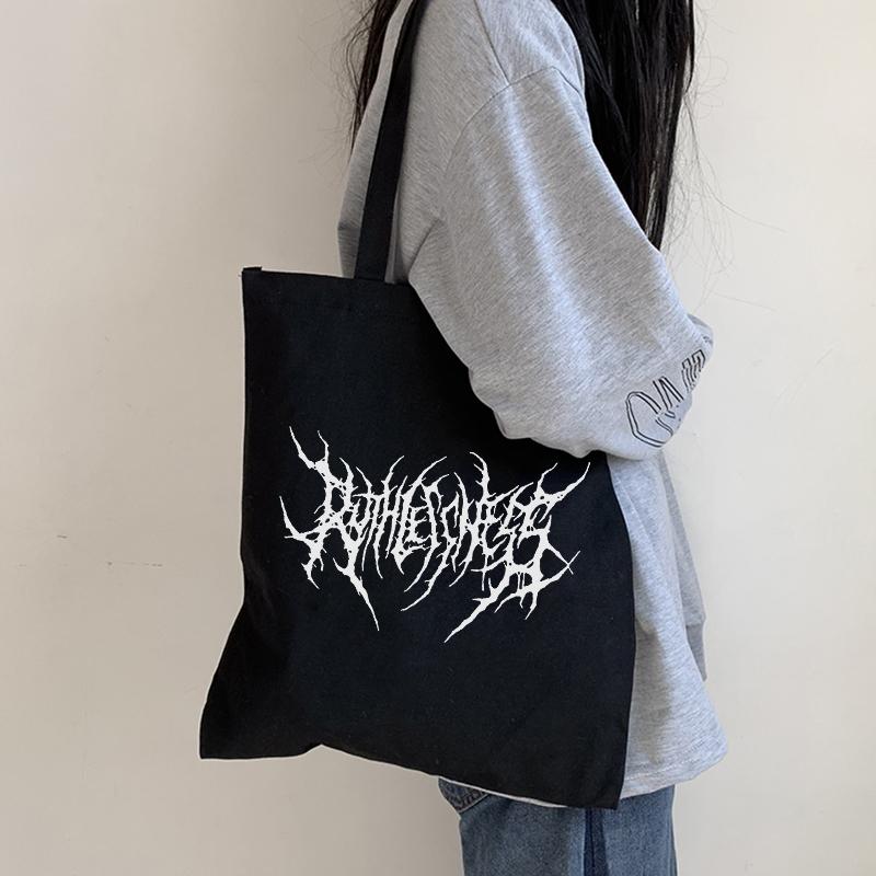 Aidegou19 Gotische dames canvas tas cartoon letter Harajuku casual punk donkere shopper tas grote capaciteit nieuwe grappige hiphop dames schoudertas 24*26cm zwart