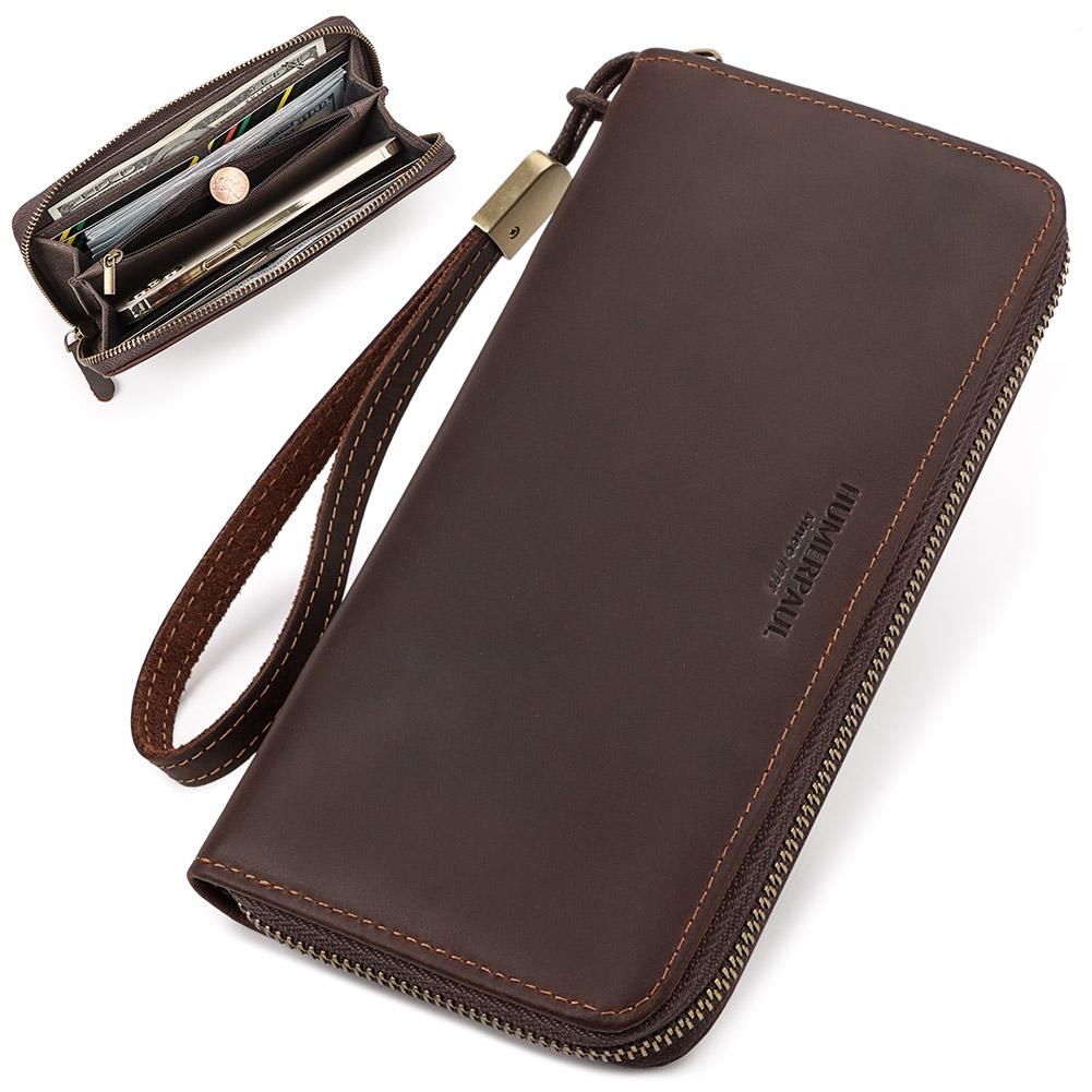 Humerpaul Heren leren portemonnee lange portemonnee clutch tas mobiele telefoon tas koffie