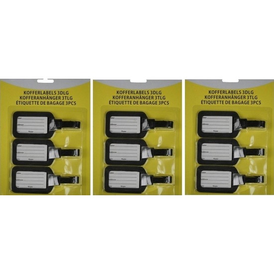 Merkloos 3x Kofferlabel / bagagelabel set 3 stuks zwart -
