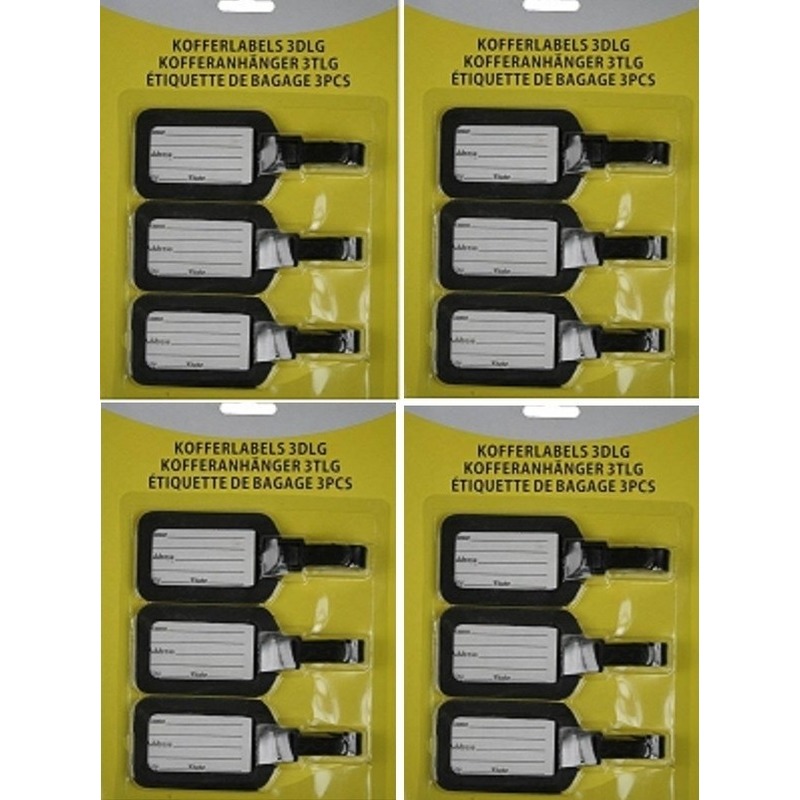 Merkloos 4x Kofferlabel / bagagelabel set 3 stuks zwart -