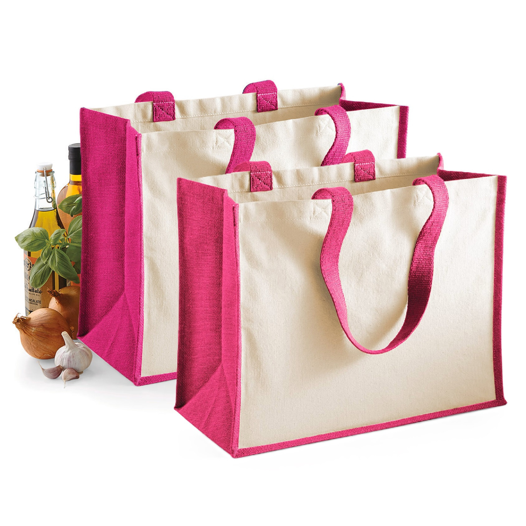 Merkloos Jute katoenen boodschappentas - 2x - roze/naturel - x 33 x 19 cm - 20 liter - draagtas -