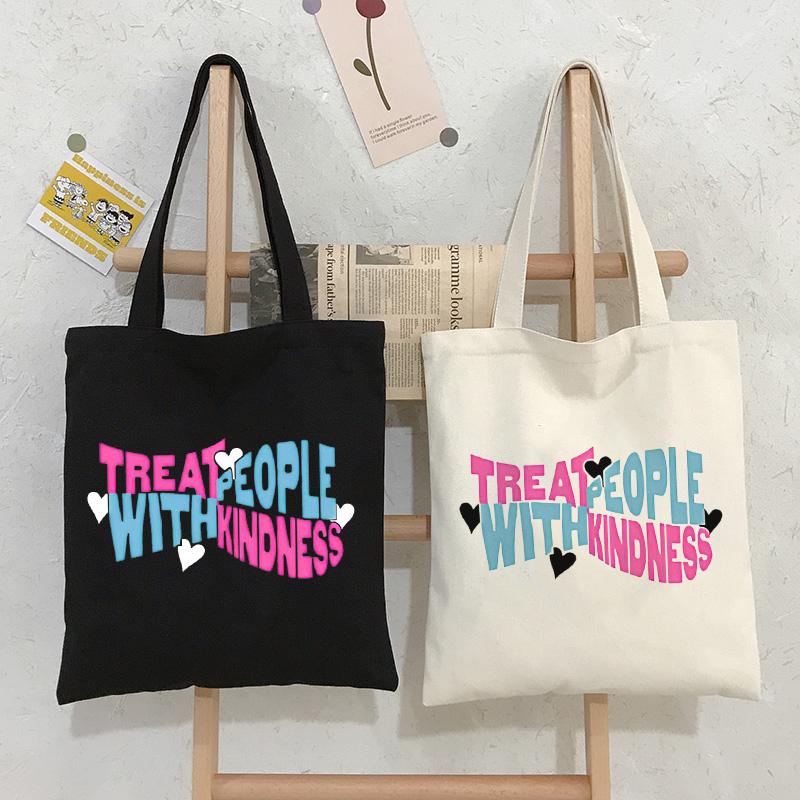 Aidegou19 Behandel mensen met vriendelijkheid Schoudertassen Fine Line Canvas Tas Ulzzang Casual Punk Grote Capaciteit Cartoon damestassen 24*26cm