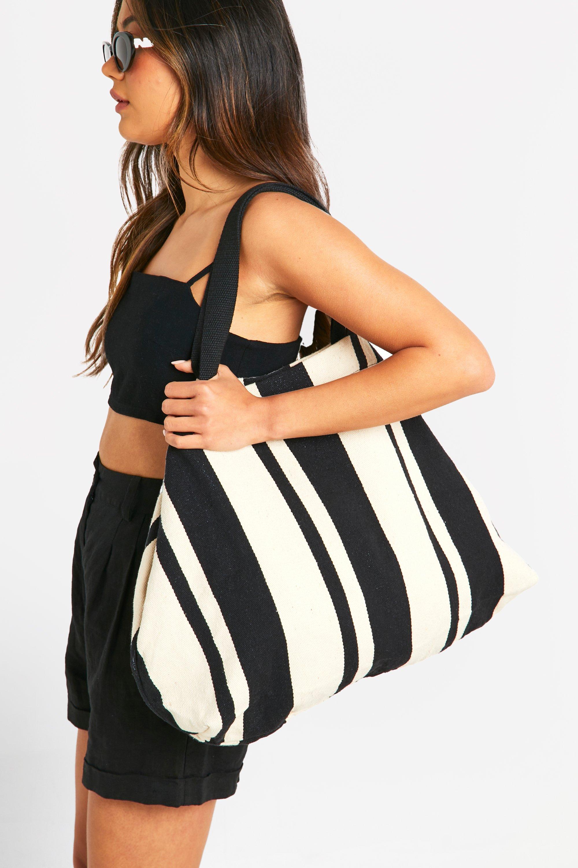Boohoo Gestreepte Canvas Strand Tote Bag, Black