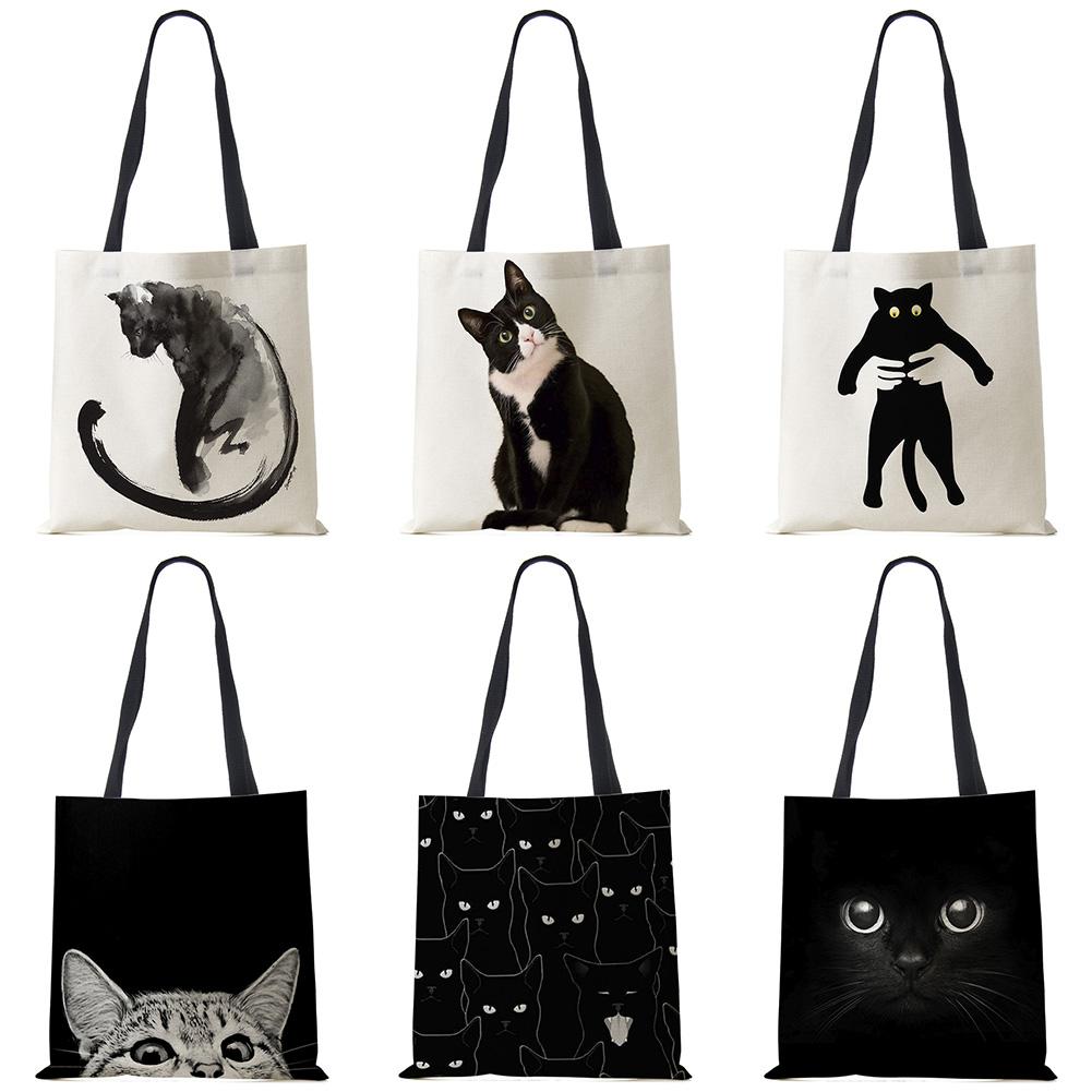 Colorful Bag Lady Designer Tote Bags Sumi Black Cat Gedrukt Linnen Stof Eco Handtas Winkelen Kantoor Herbruikbare Casual Schoudertas