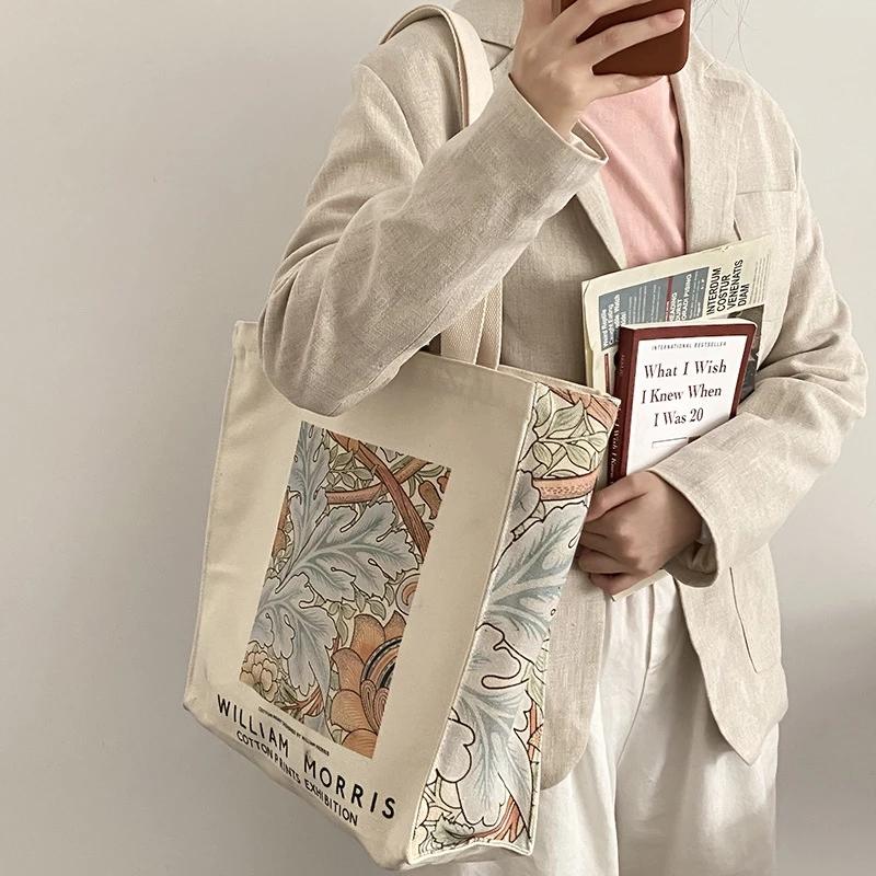 Warm clothes family Extra dikke canvas schoudertas voor dames Van Gogh Morris Vintage olieverfschilderij Rits boeken Handtas Grote tas voor dames Winkelen