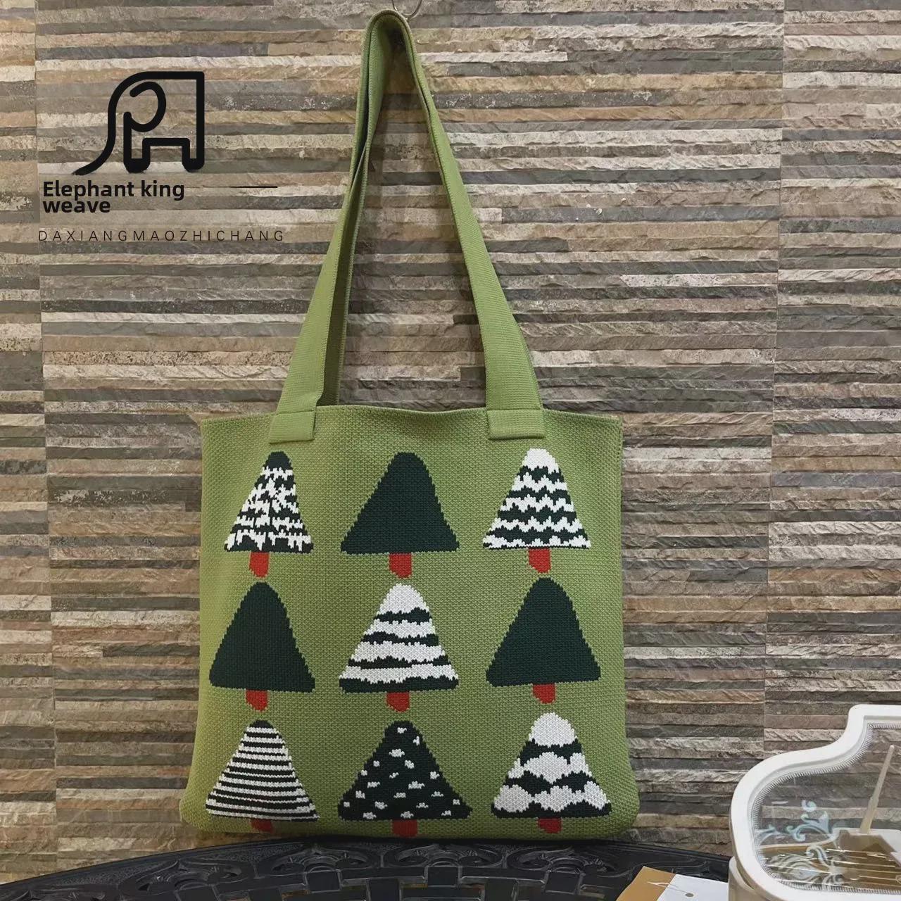 CrossCart 2023 Koreaanse Cartoon Kerstboom Gebreide Boodschappentas - Forest Serie groen