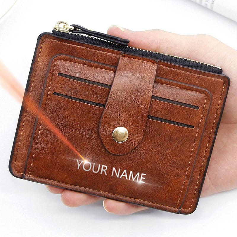 Leather bag Nieuwe Mini Men Card Wallets Gratis Naam Gravure Slanke Portemonnees Rits Muntvak Luxe Kleine Heren Portemonnee Unisex Kaarthouder