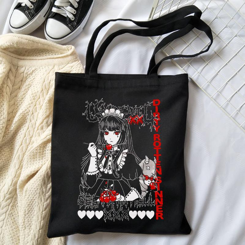 Aidegou19 Anime casual Harajuku canvas tas Gothic Japans Ulzzang grote capaciteit dames schoudertassen cartoon hiphop donkere shopper tassen 24*26cm