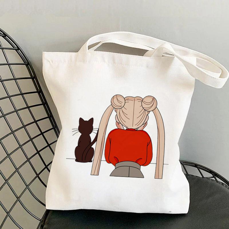 Aidegou19 Shopper Girl achteraanzicht Sailor Meow Kawaii Tas Harajuku dames Boodschappentas Canvas Shopper Bag meisjeshandtas Tote Schoudertas Damestas 24*26cm