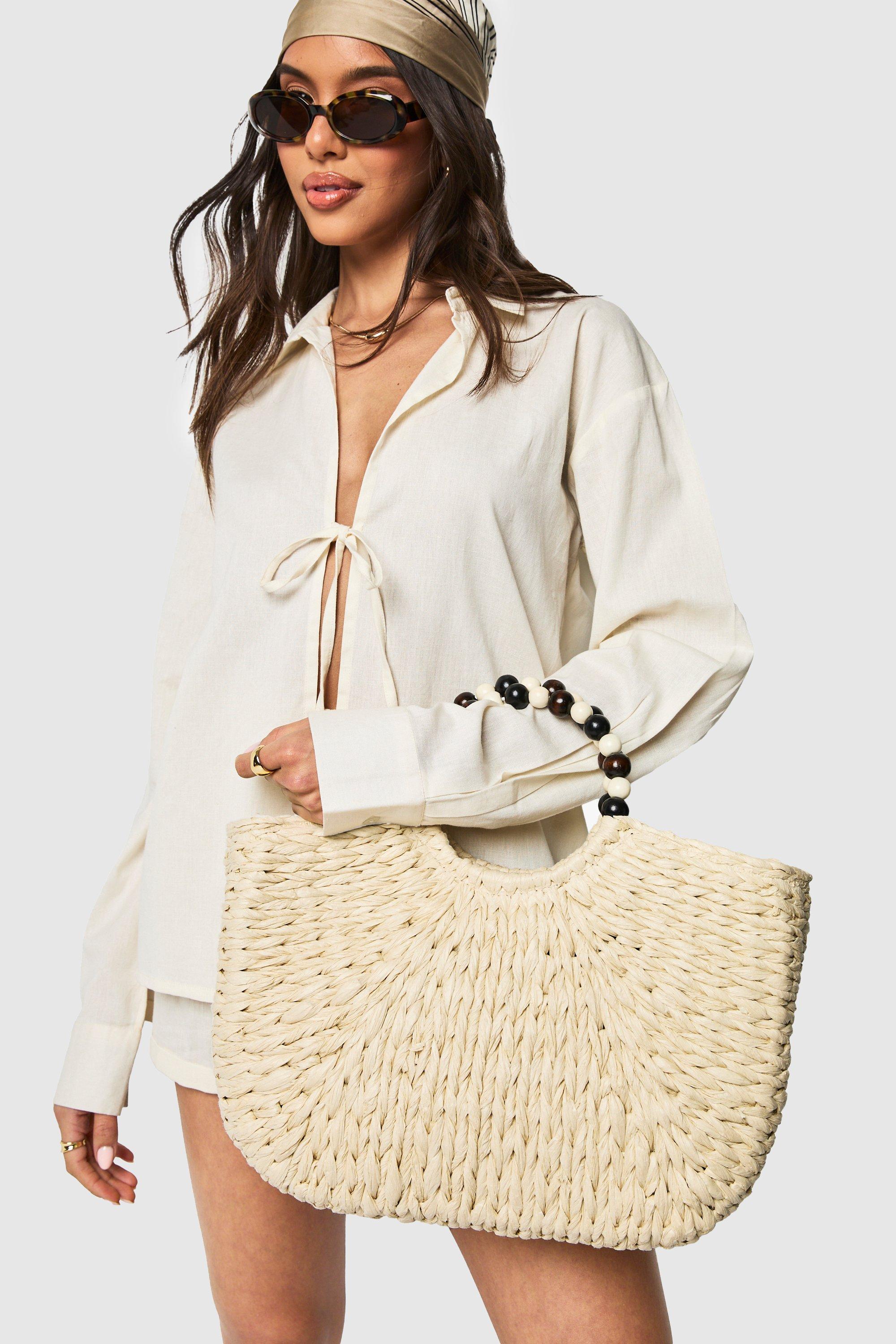 Boohoo Raffia Handtas Met Kraaltjes, Natural