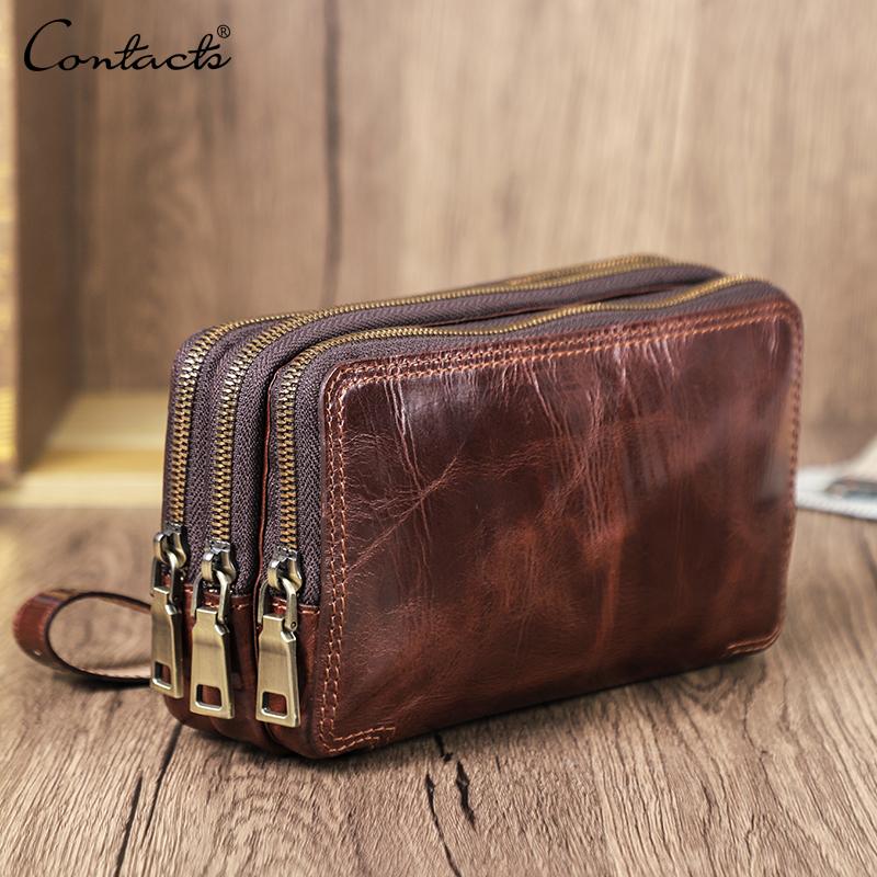 CONTACTS CONTACT'S Echt leren clutch portemonnees voor heren Crossbody tas Telefoontas Kaarthouders Handtas met meerdere ritsen zwart