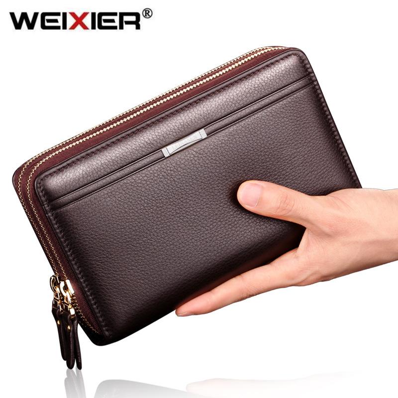 WEIXIER Heren Portefeuilles Muntzak Lange Portemonnee voor Mannelijke Zakelijke Clutch Dubbele Rits Vintage Portemonnee bruin