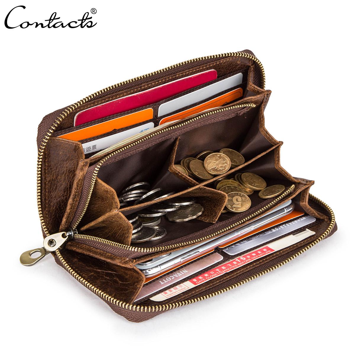 CONTACTS CONTACTEN Portemonnee voor mannen Echt leren clutch portemonnee Mannen Casual lange portemonnee met rits Telefoonvak Grote capaciteit RFID-kaarthouder koffie
