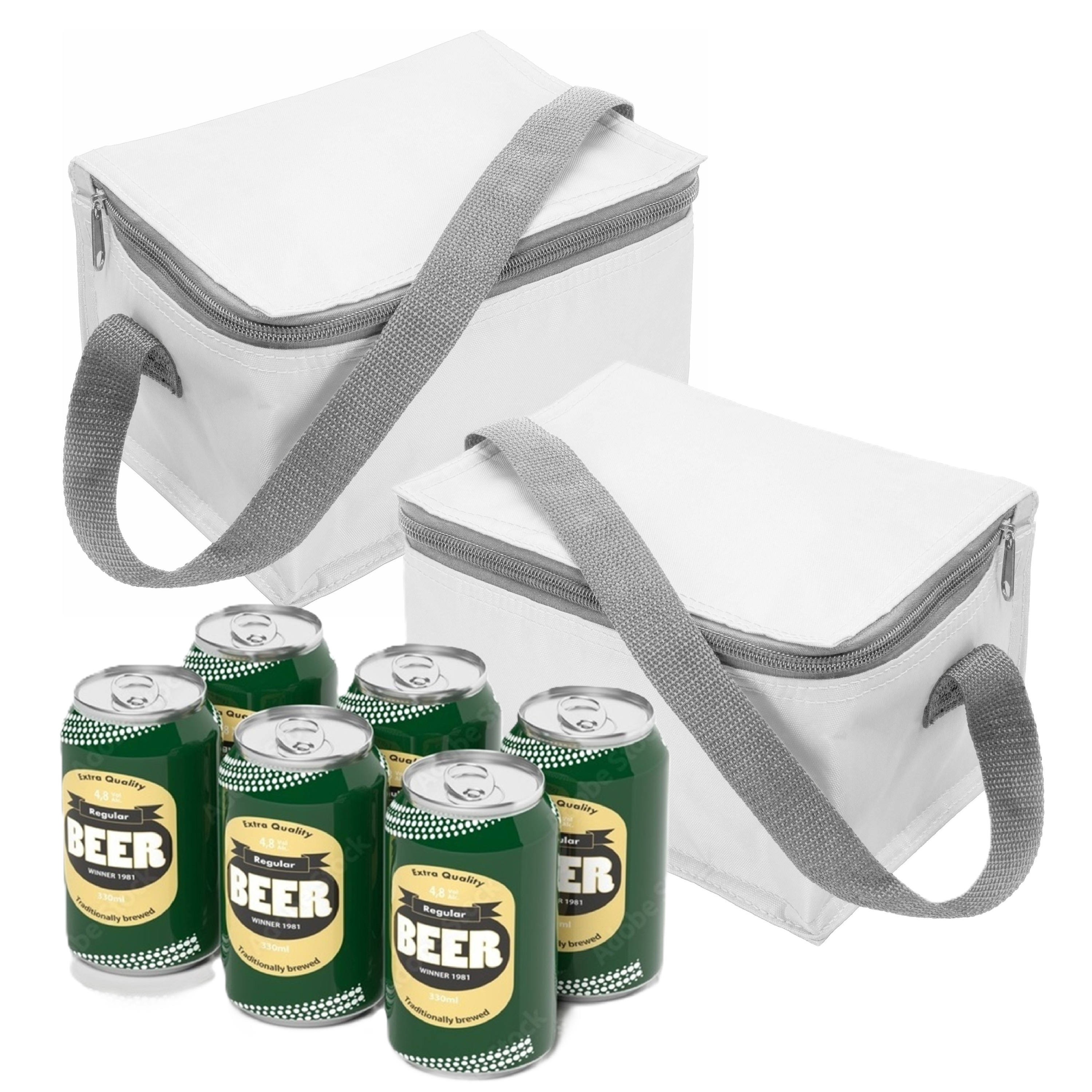 Merkloos Kleine mini koeltas voor lunch of sixpack blikjes - 2x - wit - 21 x 15 x 13 cm - draagriem -