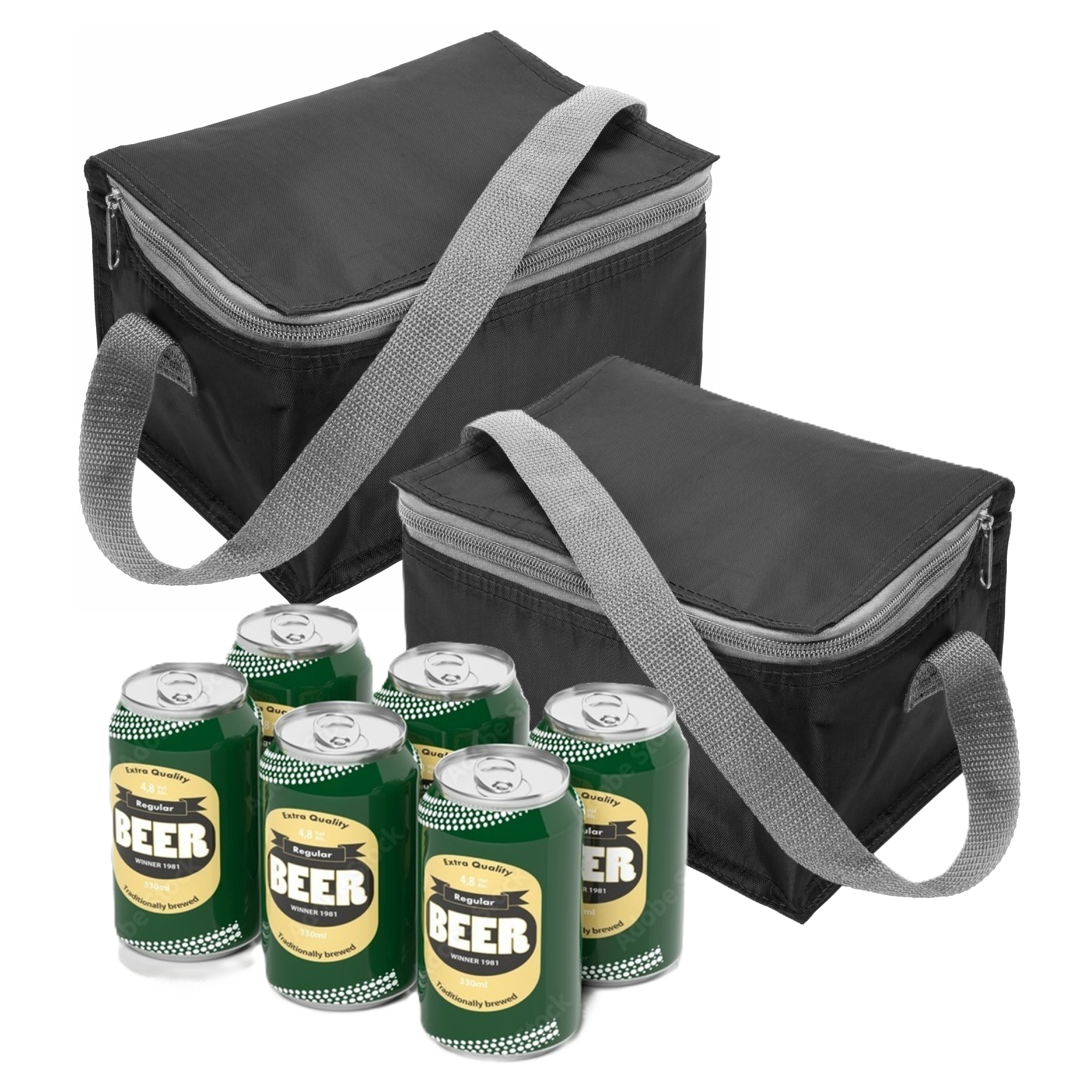 Merkloos Kleine mini koeltas voor lunch of sixpack blikjes - 2x - zwart - 21 x 15 x 13 cm - draagriem -