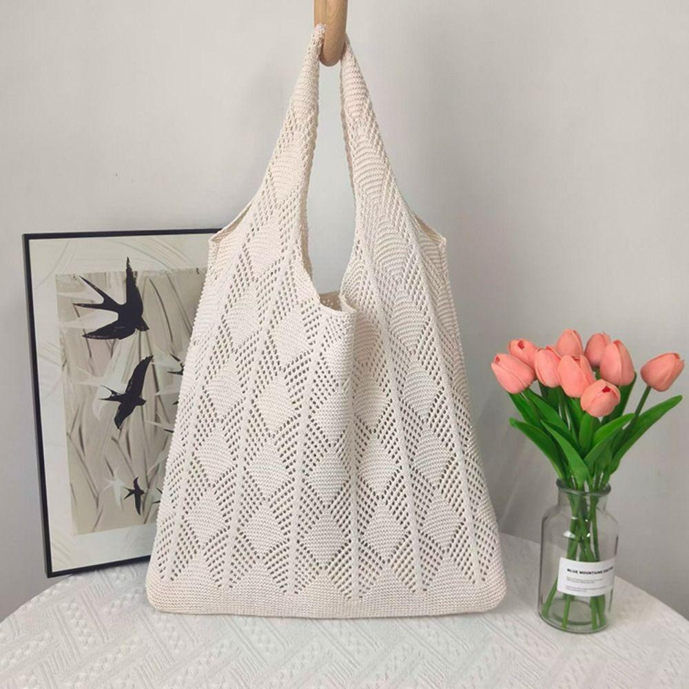 ChangshaA Bohemian style Woven Shopping Bag Washable Reusable Grocery Bag Hollow Knitted Tote Bag  Summer zwart