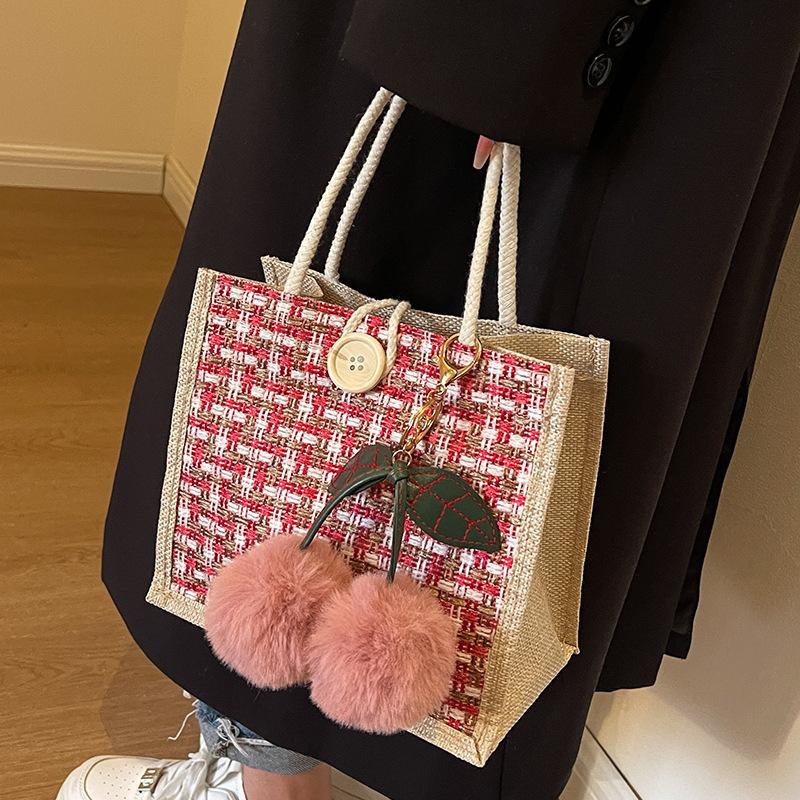 Framont Fashion House Retro gevlochten patroon jute tas grote capaciteit boodschappentas vrouwen handtas reisorganizer draagbare boodschappentas 21x19x11cm