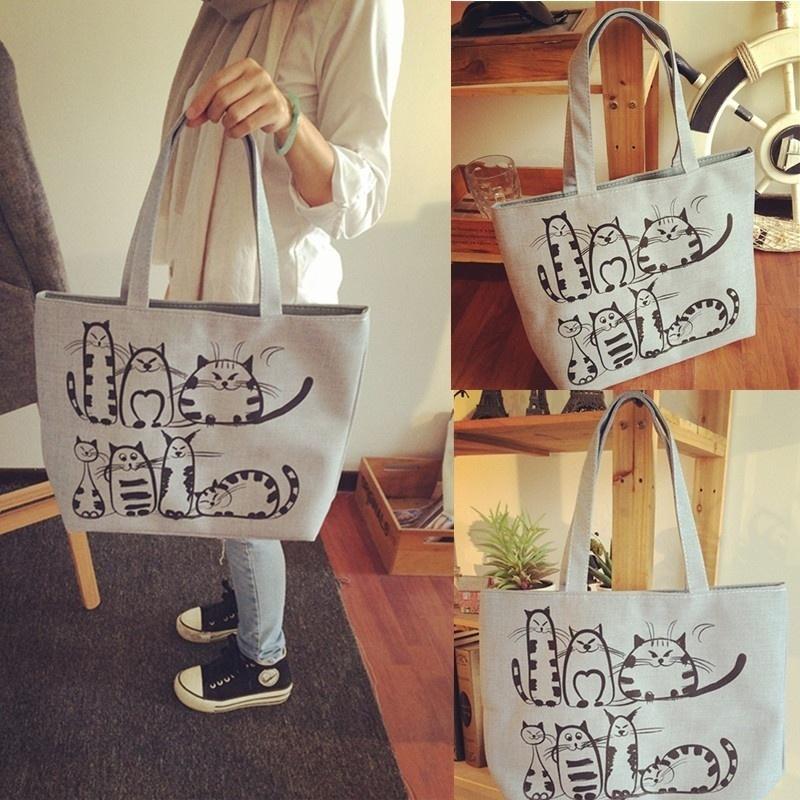 Sunrise 1 Cartoon Katten Gedrukt Strand Rits Tas Damesmode Canvas Tote Winkelen Handtassen Sac Grey