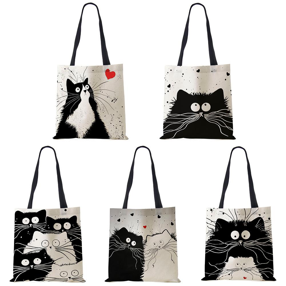 Lucky Black Cat Aangepaste draagtas boodschappentas Leuke kat afdrukken Dames handtas Linnen bakken met printlogo Casual reizende strandtassen