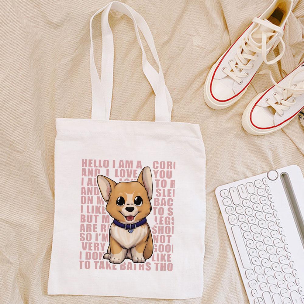 Aidegou32 Vrouwen Tas Mode Canvas Kawaii Corgi Letter Casual Grote Capaciteit Harajuku Vrouwelijk Nieuw Leuk Vintage Cartoon Shopper Schoudertassen 24*26cm