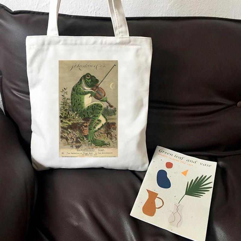 Aidegou17 Viool Kikker Print Canvas Boodschappentas Vrouwelijke Katoenen Doek Schoudertas Eco Handtas Tote Herbruikbare Kruidenier Shopper Tas Dame Tas 24*26cm