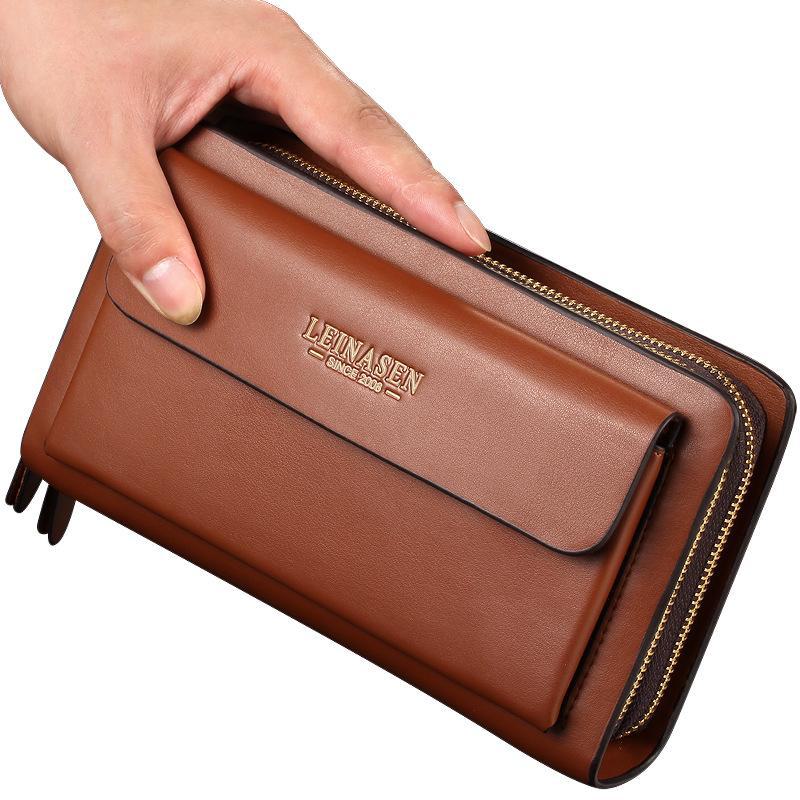 Polaris star Zachte leren handtas en clutch voor heren – lange, casual portemonnee met rits bruin