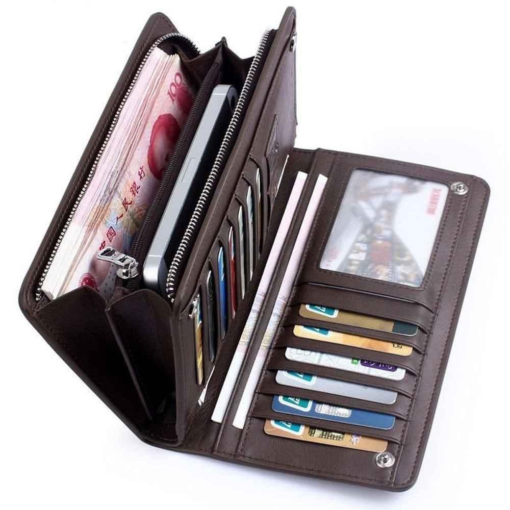 Aliwood Lederen herenportemonnee, luxe zakelijke bifold met ritssluiting, muntzakje, kaarthouder, multifunctionele portemonnee voor heren-clutch zwart