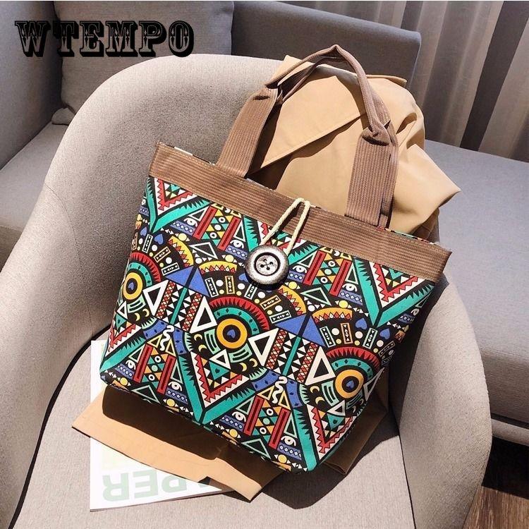 WTEMPO Dames Grote Capaciteit Canvas Enkele Schoudertas Nationale Stijl Straattas Moeder Veelzijdige Boodschappentas Kleurrijke Casual Handtassen 35*45*15cm