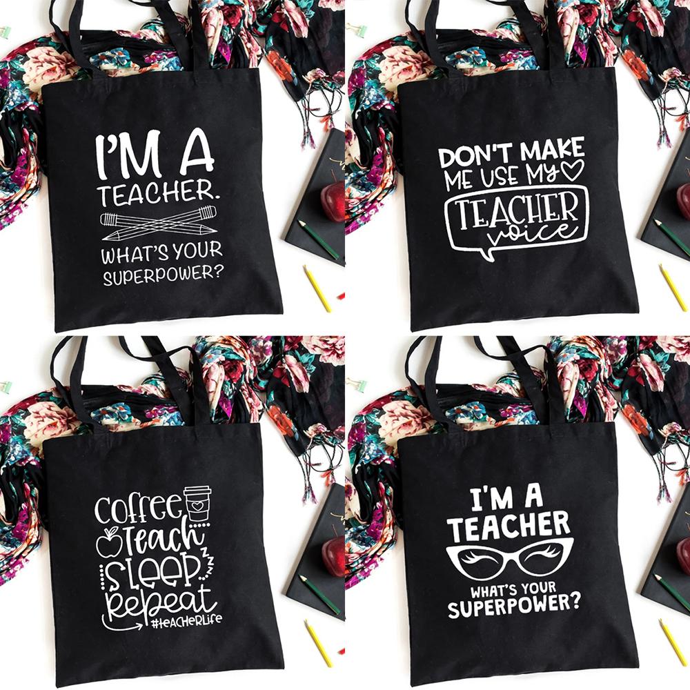 Aidegou19 Ik ben een leraar Wat is jouw superkracht Leraar Leven Canvas Zwarte boodschappentas Herbruikbare schouderdoek Boekentas Cadeau Handtas 25*30cm