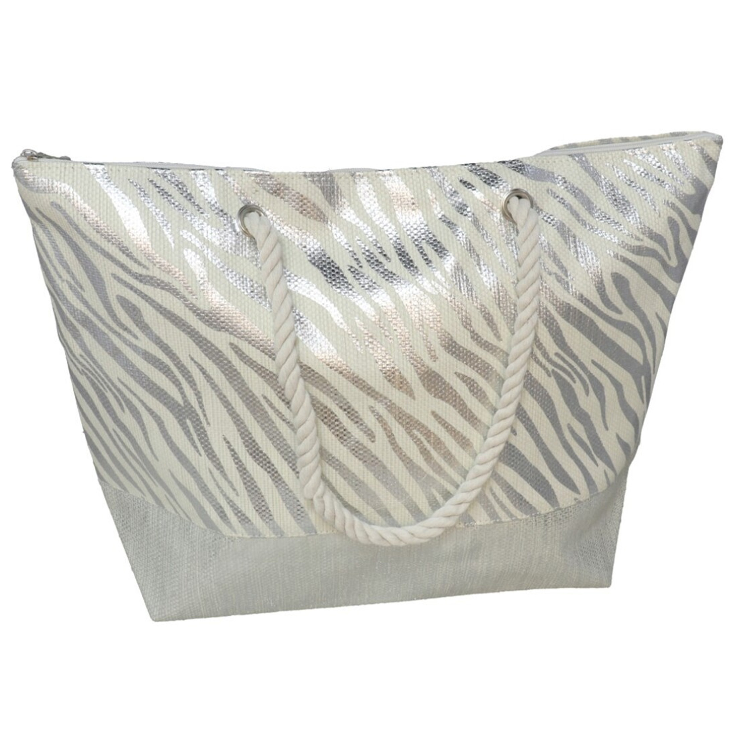 Gerimport strandtas - panterprint - zilver - touw handvat - 14 x 51 x cm -