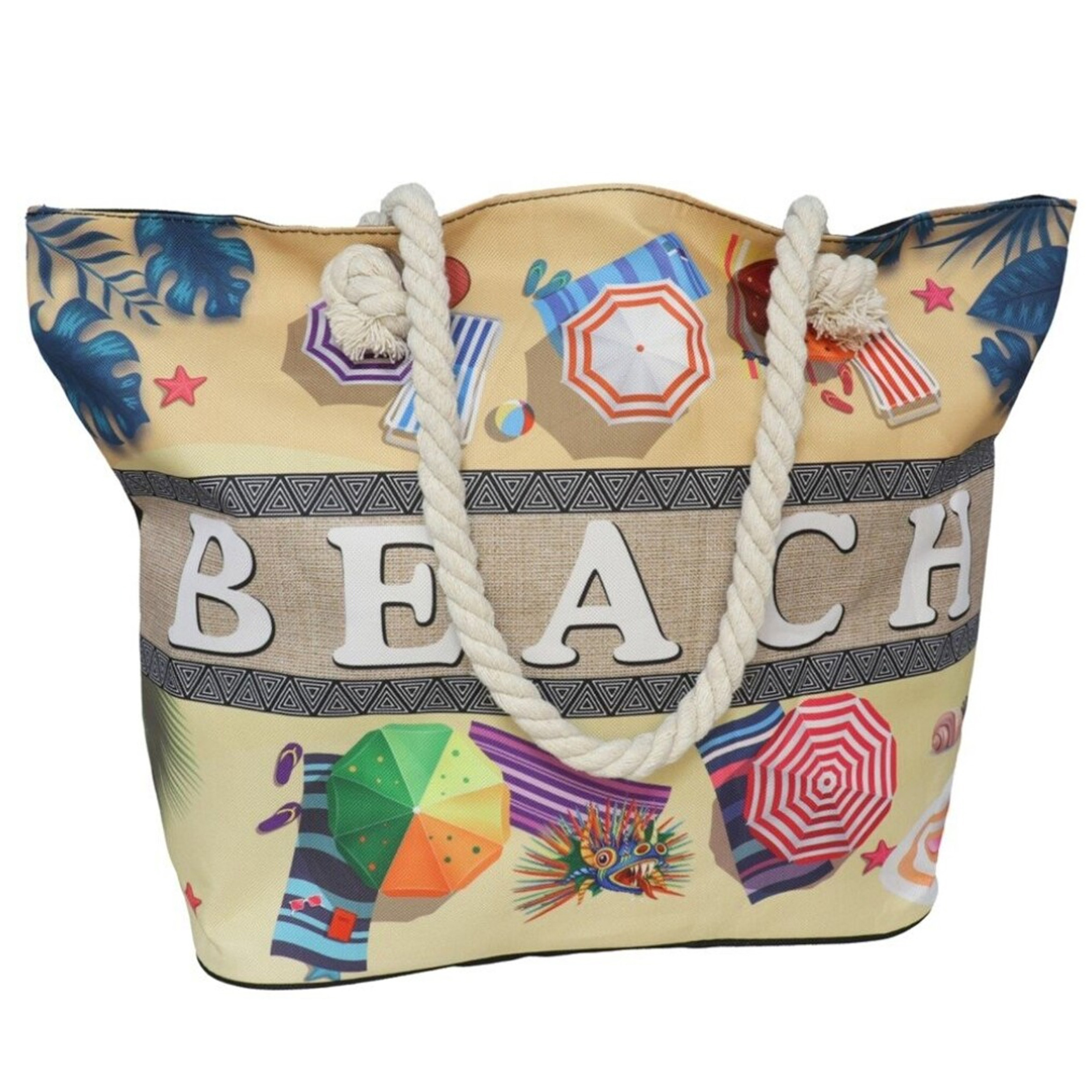 Gerimport strandtas - Beach en parasolletjes - creme - touw handvat - 19 x 51 x cm -