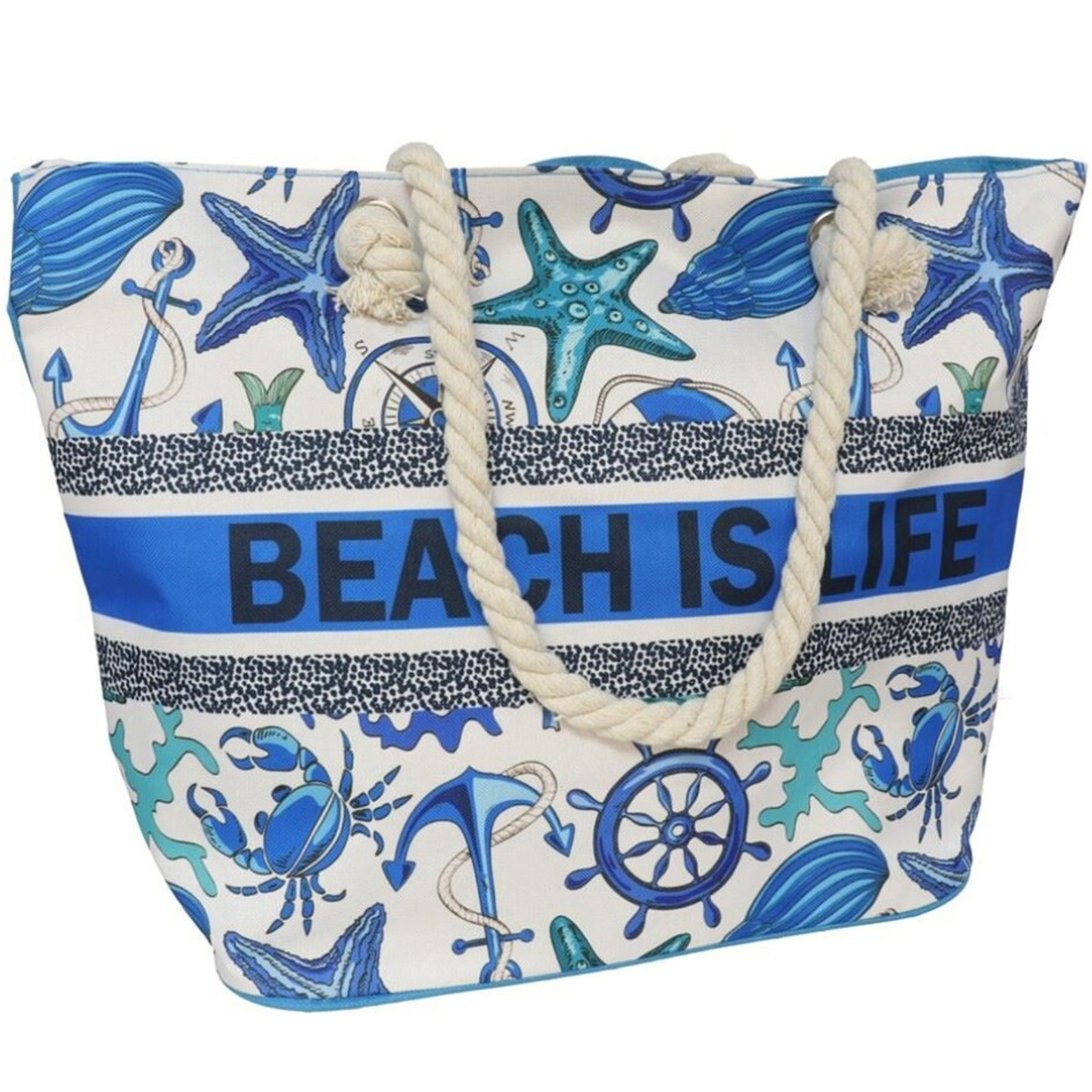 Gerimport strandtas - Beach is life - Maritiem - blauw - touw handvat - 19 x 51 x cm -
