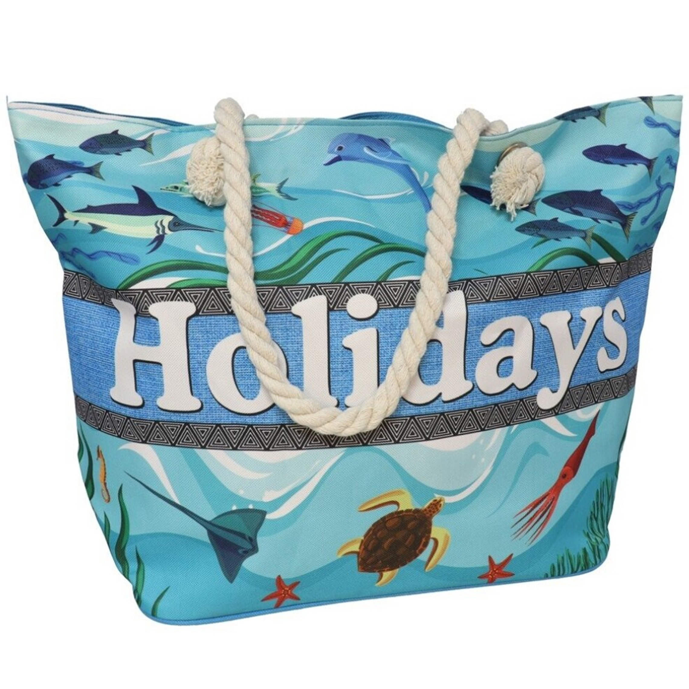 Gerimport strandtas - Holiday en zeediertjes - blauw - touw handvat - 19 x 51 x cm -