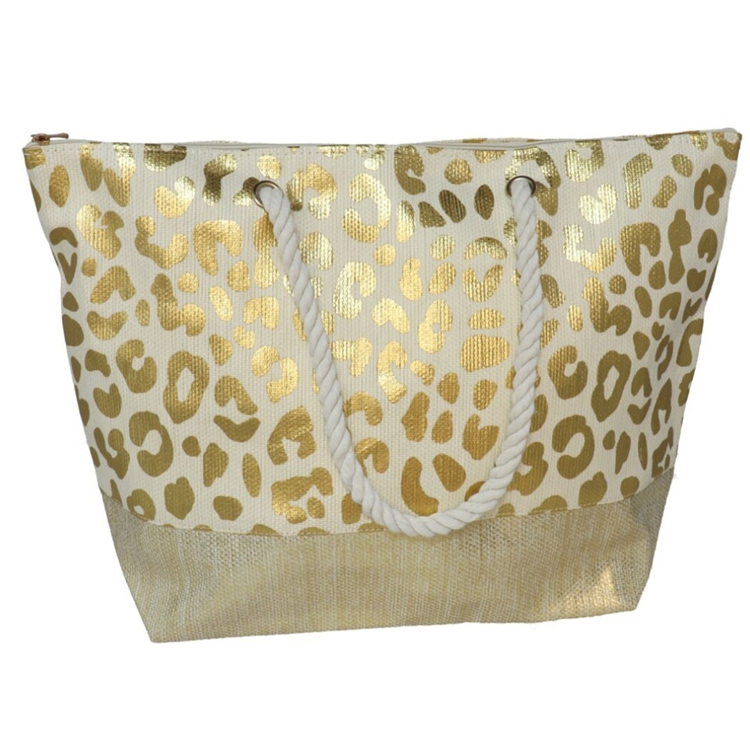 Gerimport strandtas Vivian - panterprint - goud - touw handvat - 14 x 51 x cm -