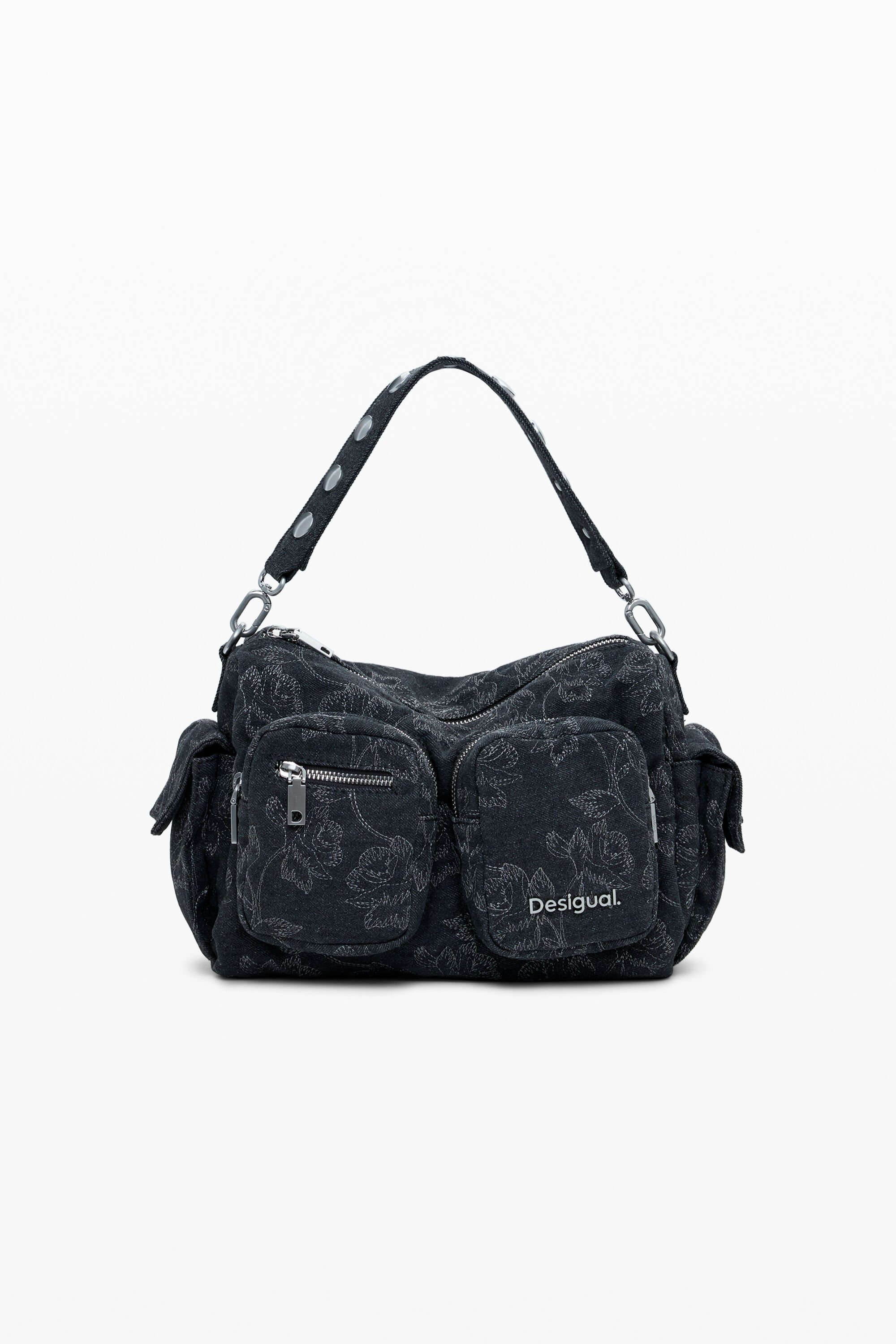 Desigual Middelgrote denim tas met meerdere geborduurde zakken - BLACK