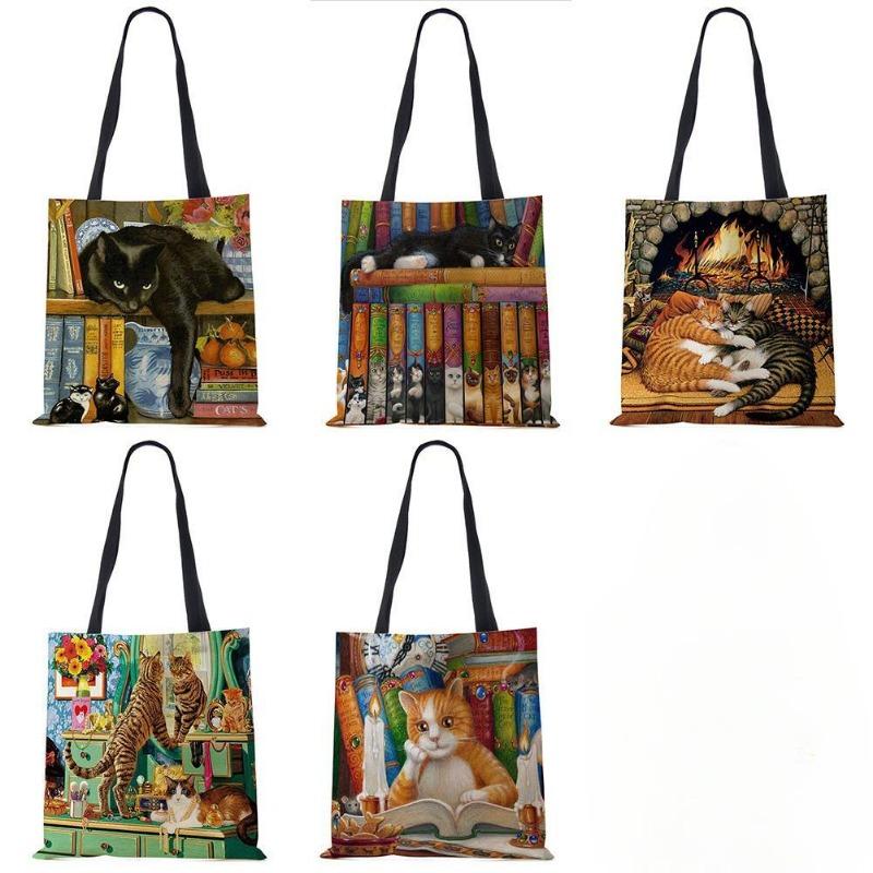 Tanglihan Aanpassen van olieverfschilderij Cat Print Womens Designer Tote Bags Linnen Herbruikbare boodschappentas voor boodschappen Schoudertassen voor Lady 2020