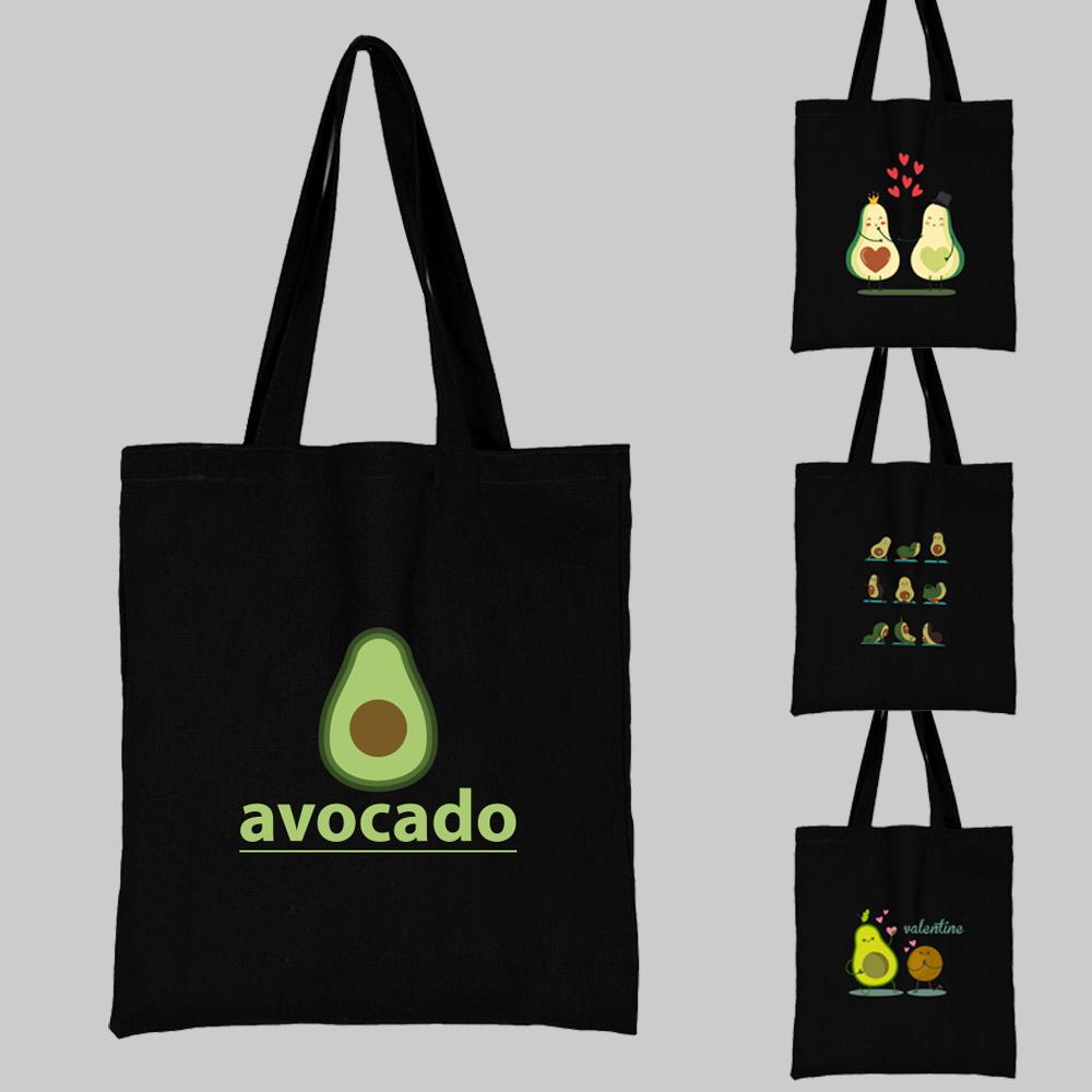 Aidegou2 Vrouwen Boodschappentassen Schattige Avocado Cartoons Patroon Serie Eco Shopper Schoudertas Mode Zwarte Bedrukking Handtas Canvas Tote Bag 24*26cm