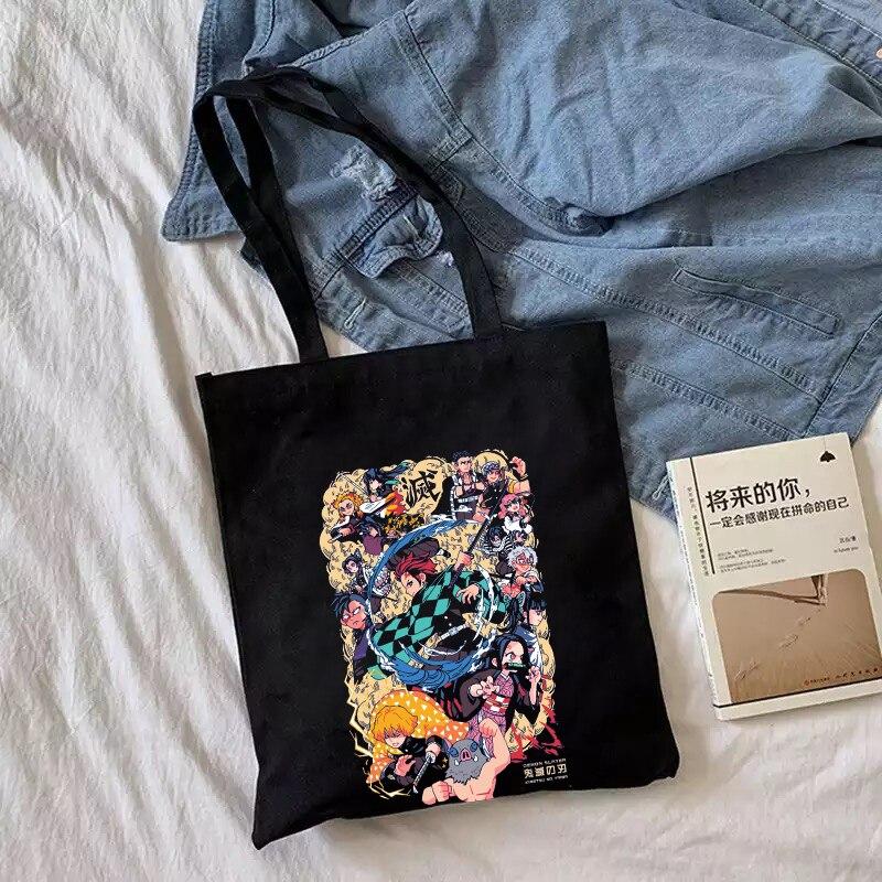 Iaidegou-1 Demon Slayer Cartoon Anime Tas Japanse Vintage Esthetische Dames Tas Zwarte Harajuku Gothic Punk Schoudertas Shopper Canvas Tas 24*26cm