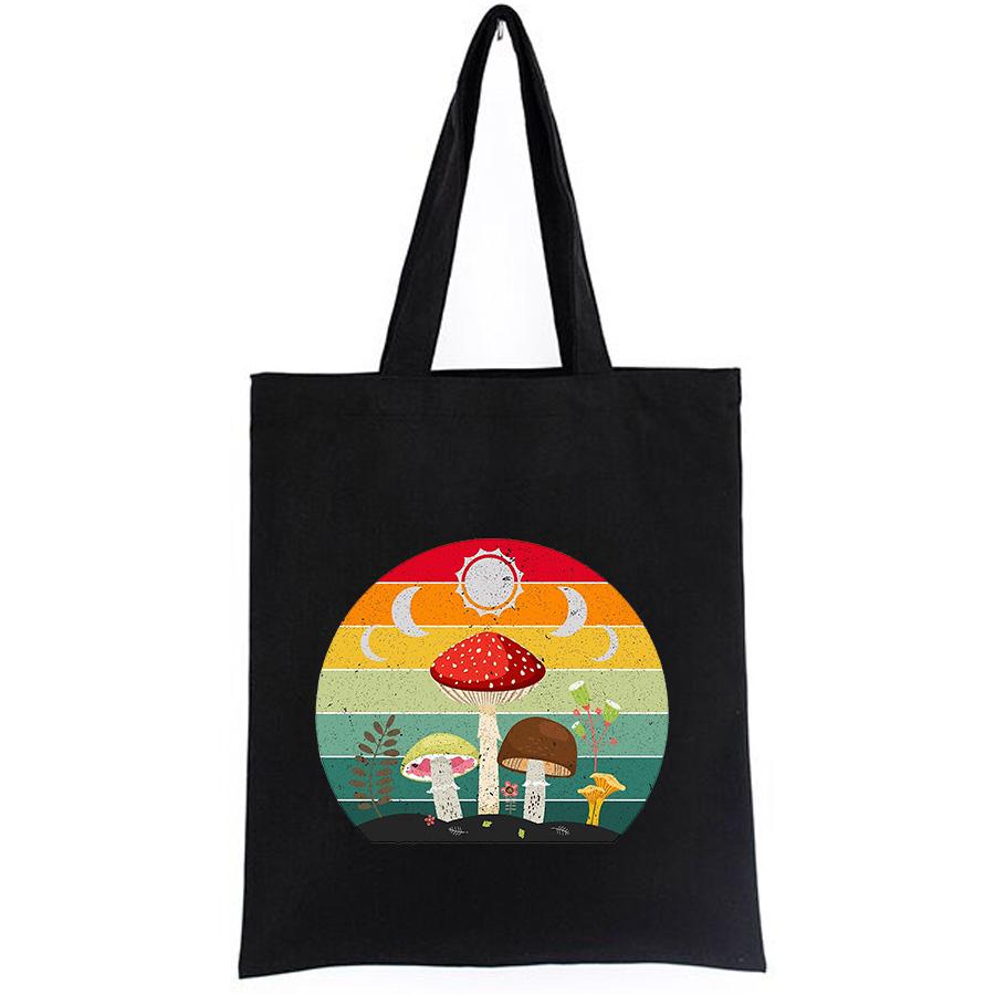 Aidegou17 Cottagecore Dark Academia Esthetische Mushroom Moon Witchy Lady Shopper Bag Vintage Katoen Shopping Brand Eco Meisjes Handtassen Zwart 24*26cm wit