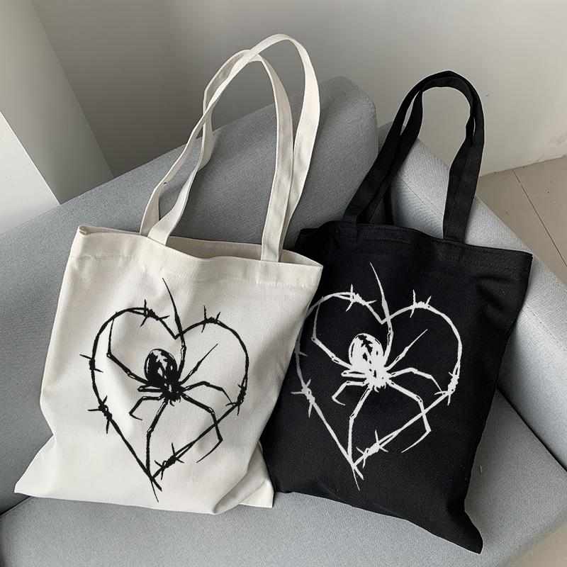 Aidegou19 Gotische spinnenprint dames schoudertassen Vintage canvas tas damestas met grote capaciteit emo donkere slang shopper tas casual y2k Tote 34*42cm