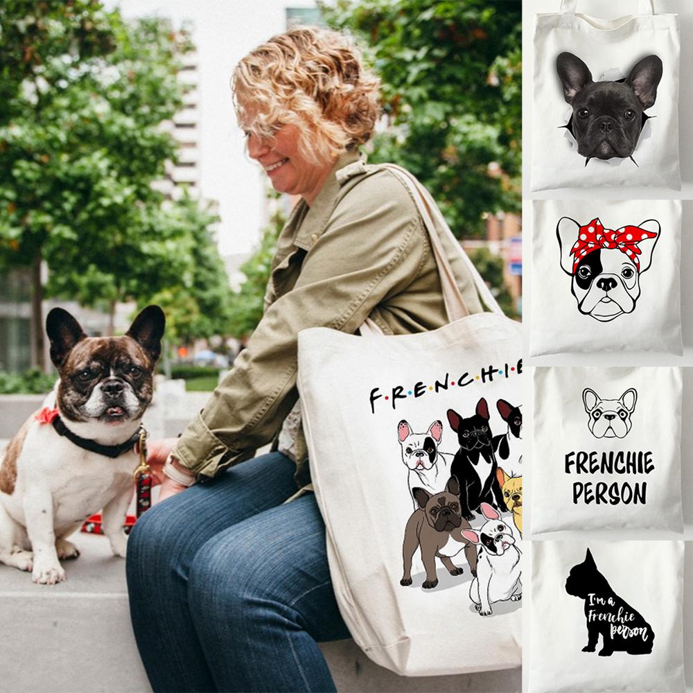 Aidegou20 Herbruikbare boodschappentas Canvas damestas met Frenchie Franse Bulldog Print Studenten Leraar Boek Reisopbergtassen Schouder 31*36cm