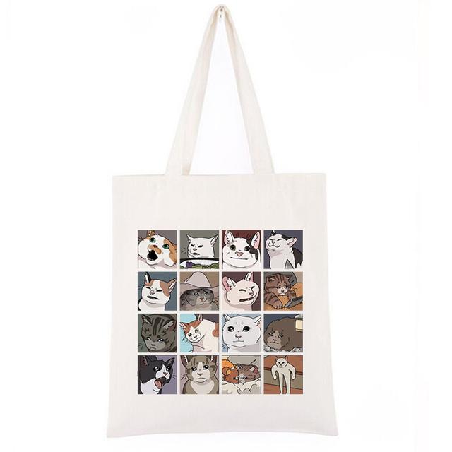 Aidegou25 Meme Katten Puzzel Boodschappentassen Voor Vrouwen Harajuku Print Mode Koreaanse Vintage Canvas Tote Nieuwe Handtassen Grote capaciteit 24*26cm wit
