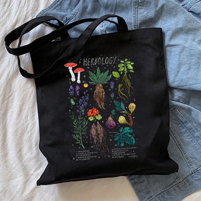Aidegou20 Paddestoel Brief Afdrukken Canvas Tas Harajuku Mode Handtas Casual Zomer vrouwen Schoudertassen Gothic Punk Vintage Shopper Bag 34*42cm zwart