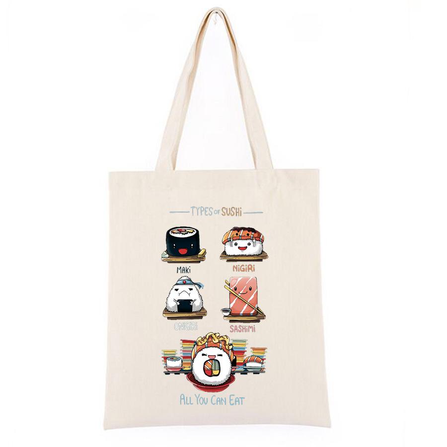 Iaidegou-4 All You Can Eat schattige sushi print canvas tas khaki boodschappentas anime vrouwen vintage shopper schoudertassen Koreaanse tote 24*26cm wit