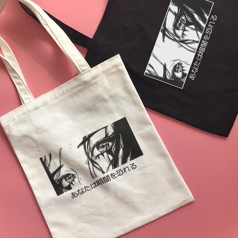 Aidegou19 Japanse gothic Anime grote capaciteit canvas tas Brief shopper tas Harajuku casual Vintage fun Ulzzang donkere vrouwen schoudertassen 31*36cm zwart