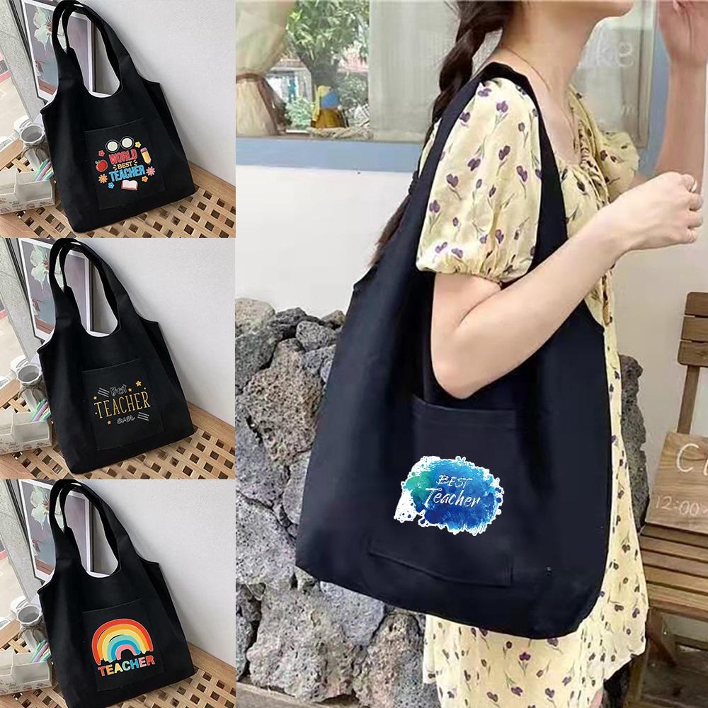 Aidegou15 Dames boodschappentassen Schoudertas Shopper Vesttas Teacher Series Katoenen Canvas Boodschappen Eco Handtassen Vrouwelijke Forensentas 32*35cm zwart
