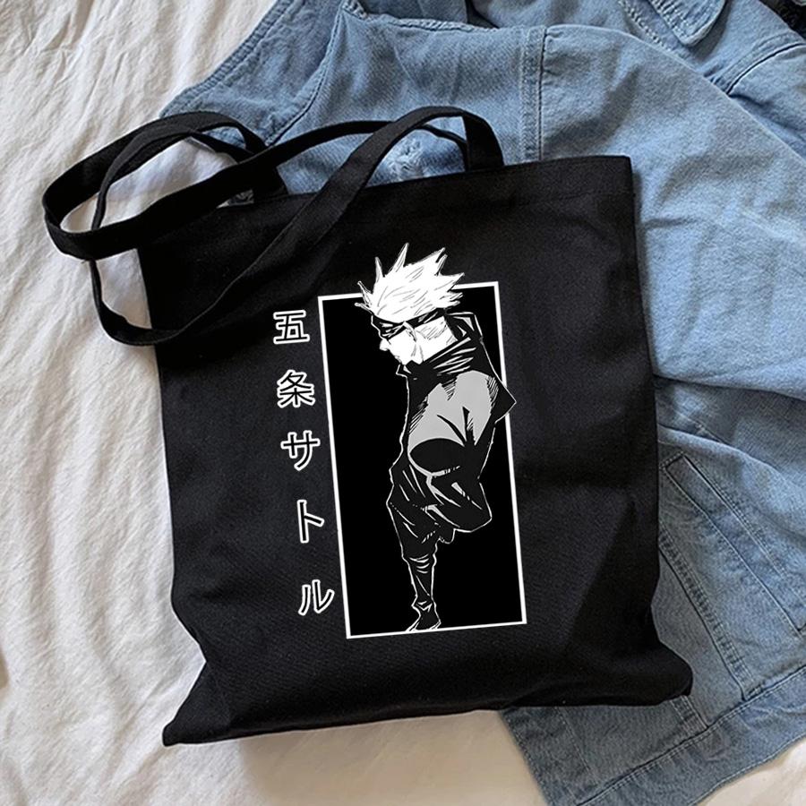 Aidegou17 Jujutsu Kaisen Satoru Gojo Anime Zwart Koreaans Canvas Shopper Kaki Vintage Boodschappentas Met Rits Zwarte Schoudertassen Bolsos 25*30cm zwart